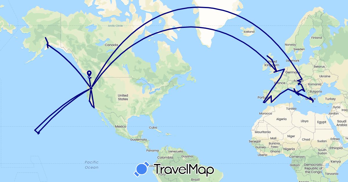 TravelMap itinerary: driving in Austria, Canada, Spain, France, United Kingdom, Greece, Croatia, Italy, Netherlands, Portugal, Slovenia, United States (Europe, North America)